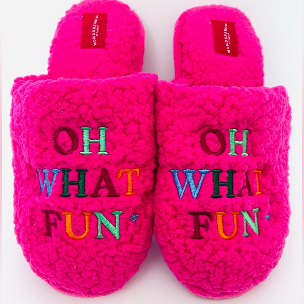 WONDERSHOP 'OH WHAT FUN' PINK SLIPPERS COLORFUL LETTERING HOLIDAY